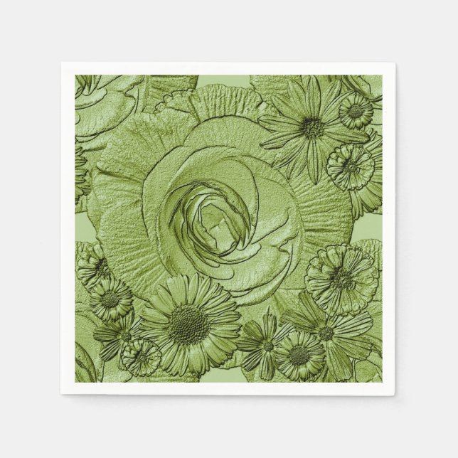 Embossed Flowers-Grönt-COCKTAIL NAPKINS Pappersservett (Framsidan)