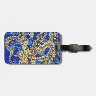 Embossed Guld Dragon on Blue Satin Print Bagagebricka