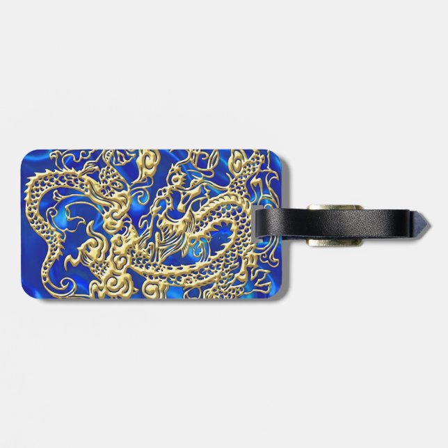 Embossed Guld Dragon on Blue Satin Print Bagagebricka (Baksida Vågrät)