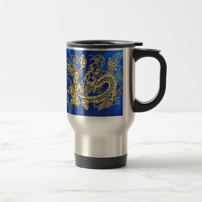 Embossed Guld Dragon on Blue Satin Resemugg (Höger)