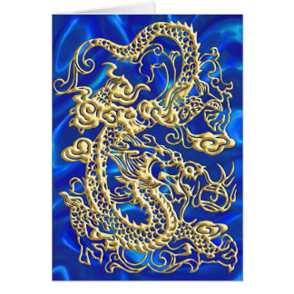 Embossed Guld Dragon on BlueSatin Print Hälsningskort