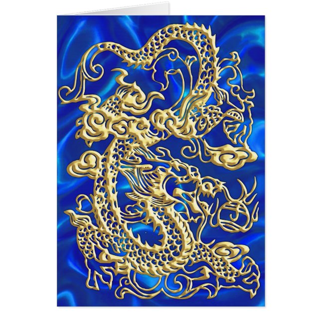Embossed Guld Dragon on BlueSatin Print Hälsningskort (Framsidan)