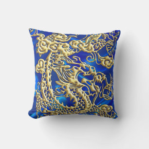 Embossed Guld Dragon on BlueSatin Print Kudde