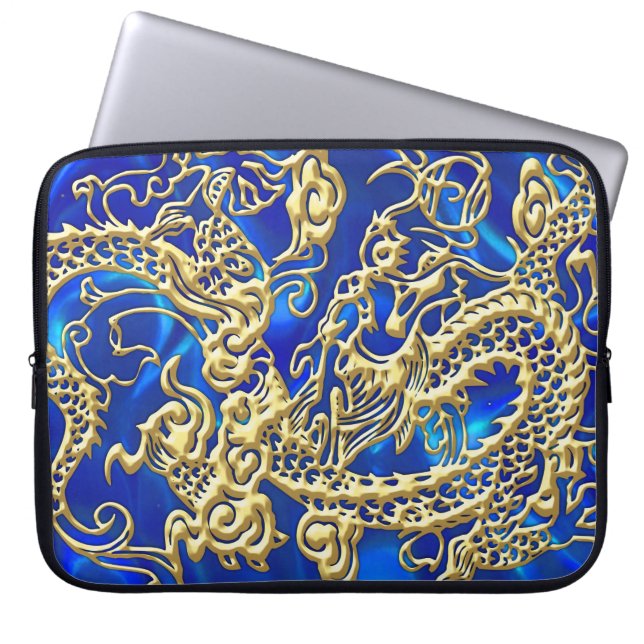 Embossed Guld Dragon on BlueSatin Print Laptop Fodral (Framsidan)
