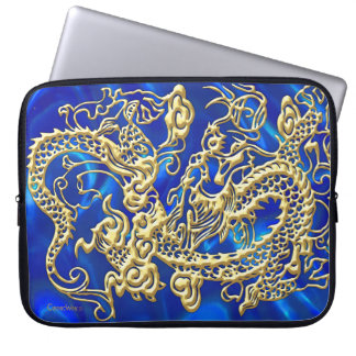 Embossed Guld Dragon on BlueSatin Print Laptop Sleeve
