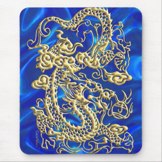 Embossed Guld Dragon on BlueSatin Print Musmatta