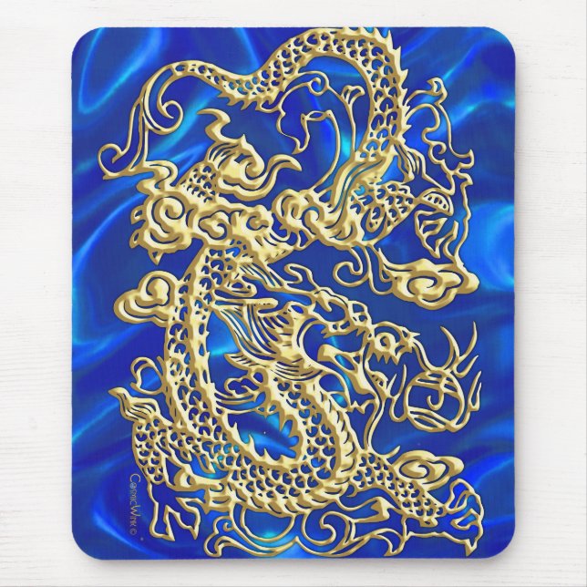 Embossed Guld Dragon on BlueSatin Print Musmatta (Framsidan)