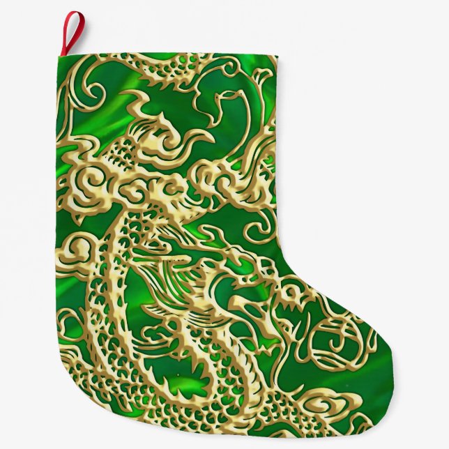 Embossed Guld Dragon on GreenSatin Print Stor Julstrumpa (Framsidan)