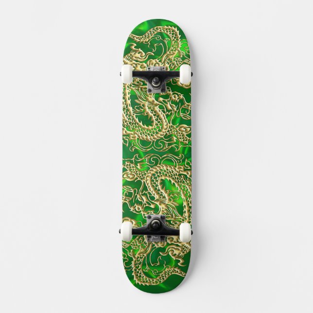 Embossed Guld Dragon on Grönt Satin Mini Skateboard Bräda 18,7 Cm (Framsida)