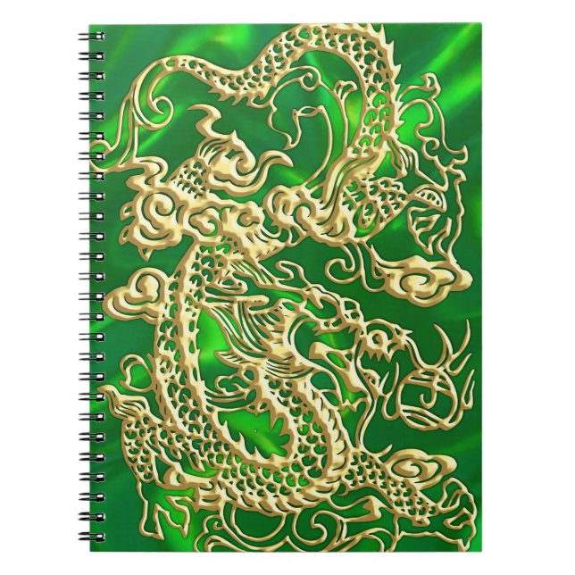 Embossed Guld Dragon on Grönt Satin print Anteckningsbok (Framsidan)
