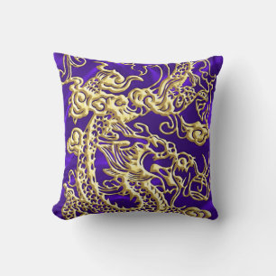 Embossed Guld Dragon on Lila Satin Print Print Kudde