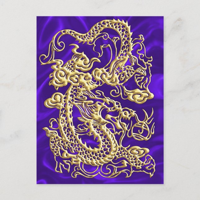 Embossed Guld Dragon on Lila Satin Print Print Vykort (Framsida)