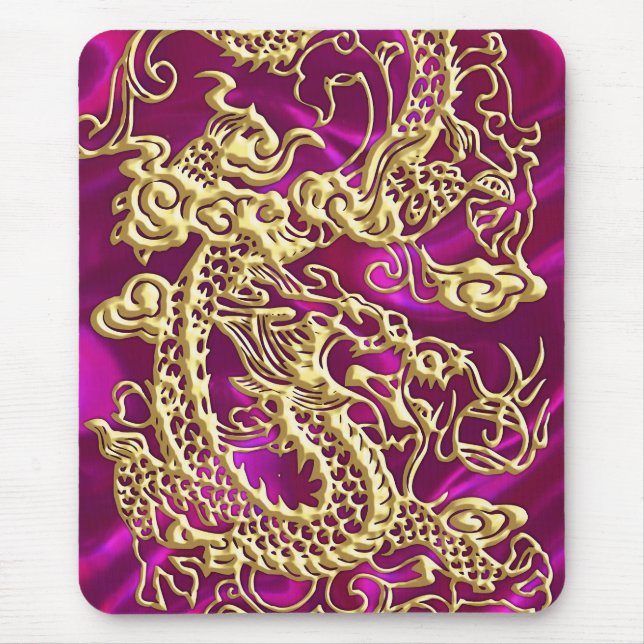 Embossed Guld Dragon on Magenta Satin Musmatta (Framsidan)