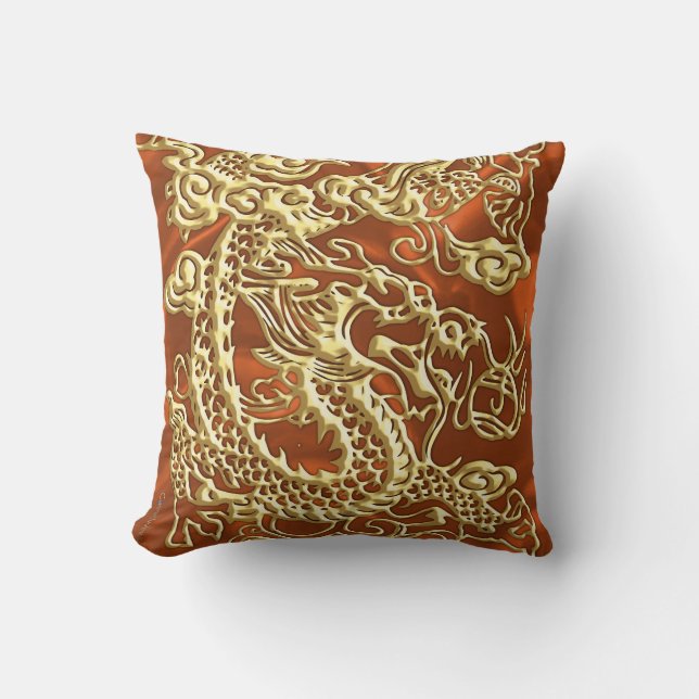 Embossed Guld Dragon on Orange Satin Print Kudde (Framsida)