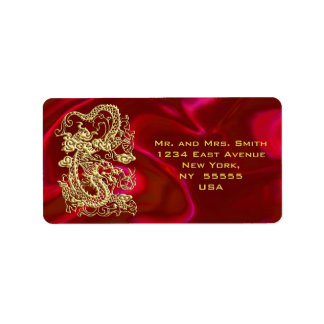 Embossed Guld Dragon on Red Satin Print Adressetikett