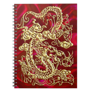 Embossed Guld Dragon on Red Satin Print Anteckningsbok Med Spiral