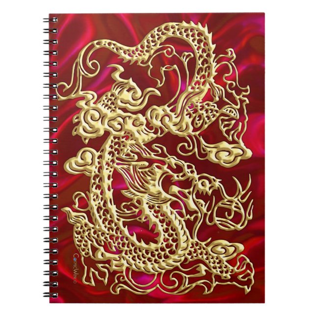 Embossed Guld Dragon on Red Satin Print Anteckningsbok Med Spiral (Framsidan)