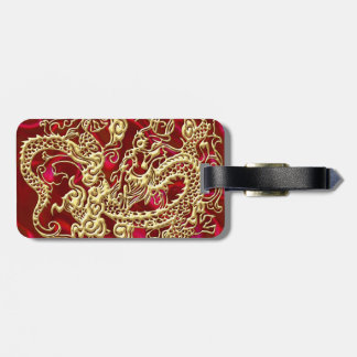 Embossed Guld Dragon on Red Satin Print Bagagebricka
