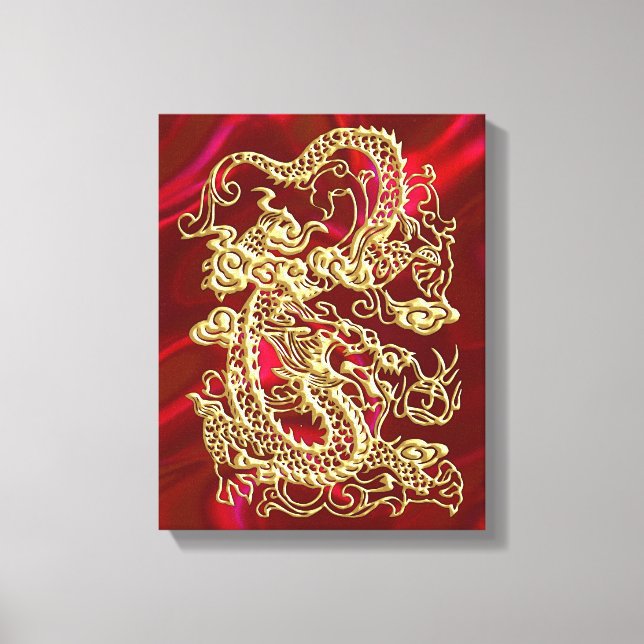 Embossed Guld Dragon on Red Satin Print Canvastryck (Framsida)