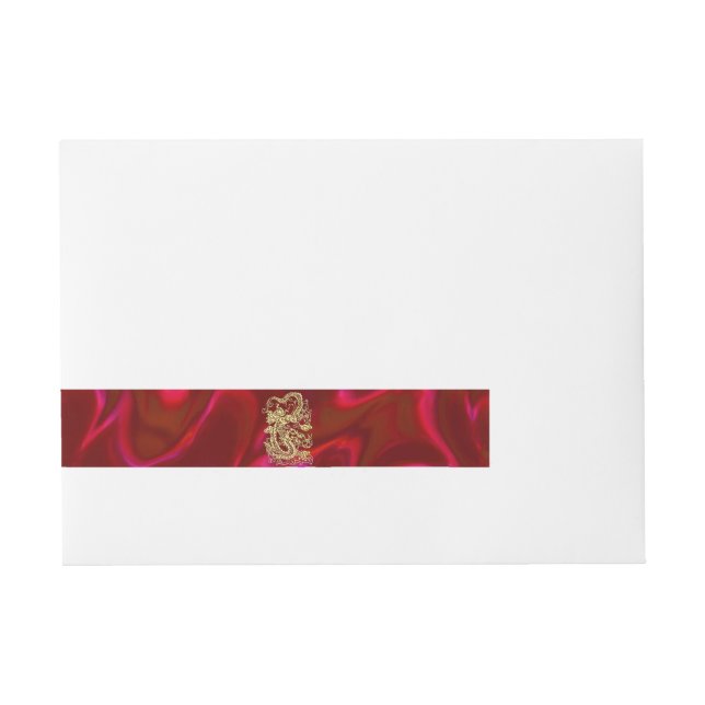 Embossed Guld Dragon on Red Satin Print Etikettband (Framsidan)