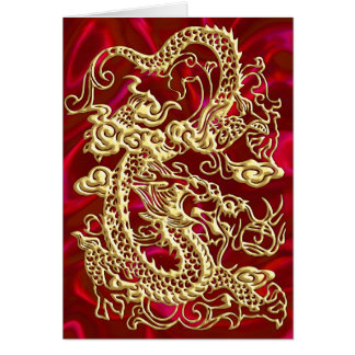 Embossed Guld Dragon on Red Satin Print Hälsningskort