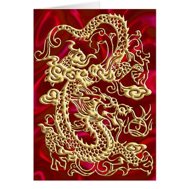 Embossed Guld Dragon on Red Satin Print Hälsningskort (Framsidan)