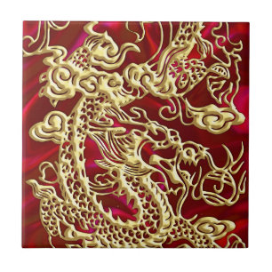 Embossed Guld Dragon on Red Satin Print Kakelplatta