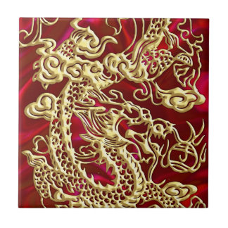 Embossed Guld Dragon on Red Satin Print Kakelplatta