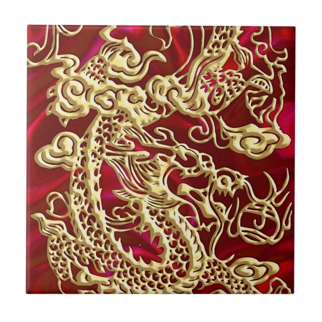 Embossed Guld Dragon on Red Satin Print Kakelplatta (Framsidan)
