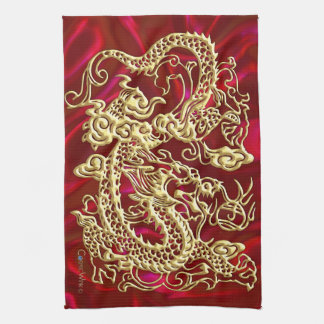 Embossed Guld Dragon on Red Satin Print Kökshandduk