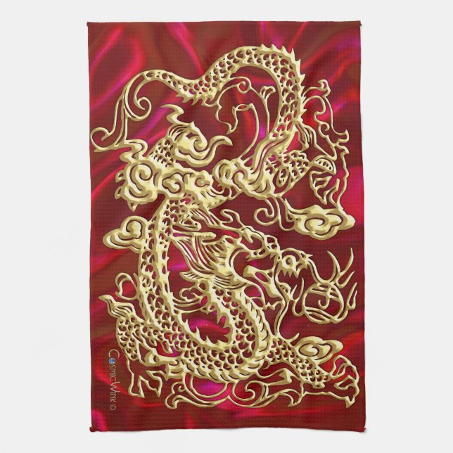 Embossed Guld Dragon on Red Satin Print Kökshandduk (Vertikal)