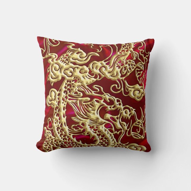 Embossed Guld Dragon on Red Satin Print Kudde (Framsida)