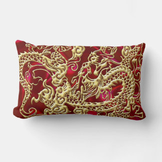 Embossed Guld Dragon on Red Satin Print Lumbarkudde