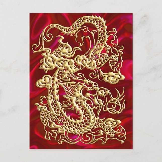 Embossed Guld Dragon on Red Satin Print Vykort (Framsida)