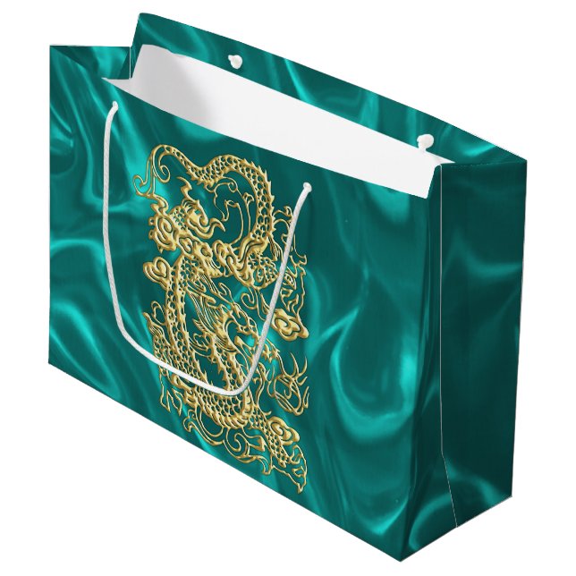 Embossed Guld Dragon on Turquise Satin Print (Framsidan Vinklad)