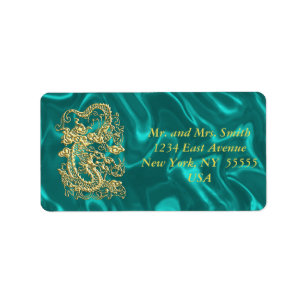 Embossed Guld Dragon on Turquise Satin Print Adressetikett