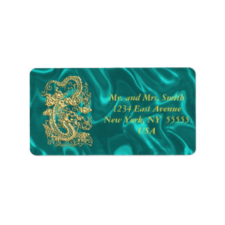 Embossed Guld Dragon on Turquise Satin Print Adressetikett