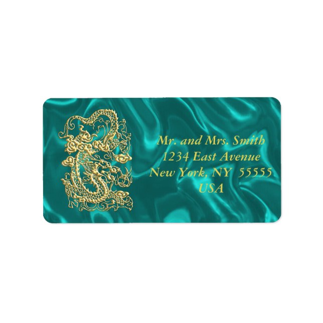 Embossed Guld Dragon on Turquise Satin Print Adressetikett (Framsidan)