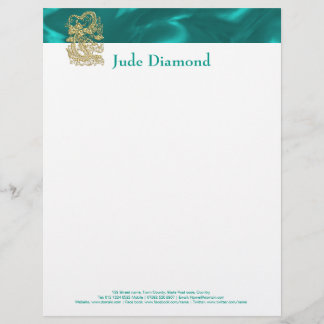 Embossed Guld Dragon on Turquise Satin Print Brevhuvud