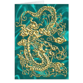 Embossed Guld Dragon on Turquise Satin Print Hälsningskort