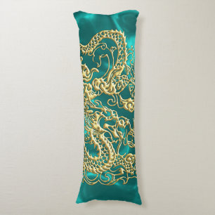Embossed Guld Dragon on Turquise Satin Print Kroppskudde