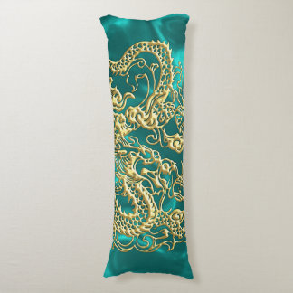 Embossed Guld Dragon on Turquise Satin Print Kroppskudde