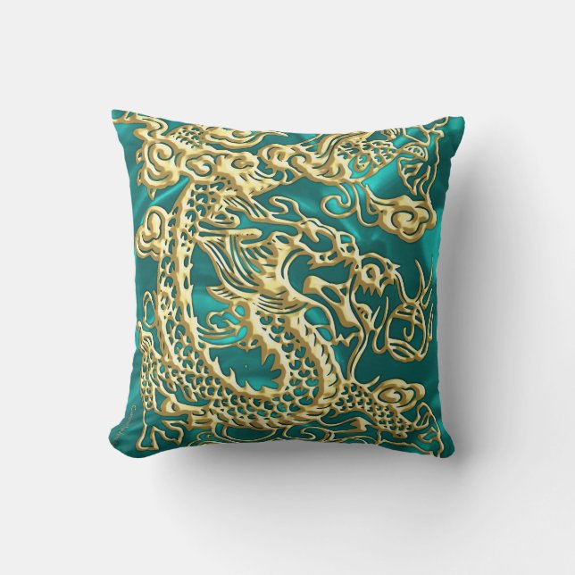 Embossed Guld Dragon on Turquise Satin Print Kudde (Framsida)