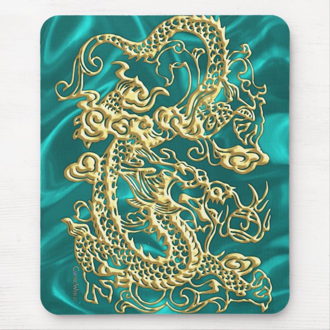 Embossed Guld Dragon on Turquise Satin Print Musmatta (Framsidan)