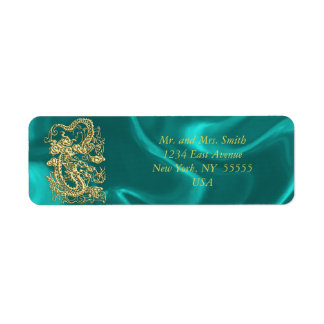 Embossed Guld Dragon on Turquise Satin Print Returadress Etikett
