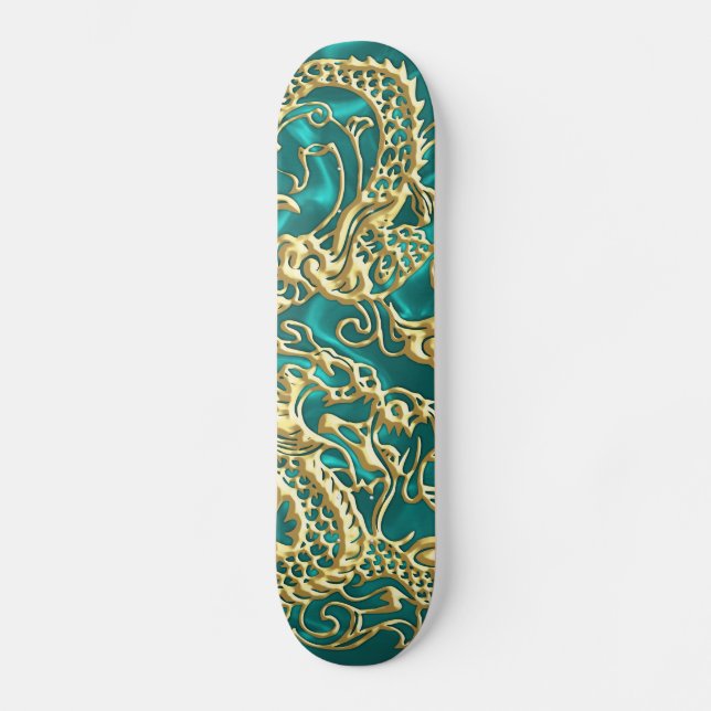 Embossed Guld Dragon on Turquise Satin Print Skateboard Bräda 20 Cm (Framsida)