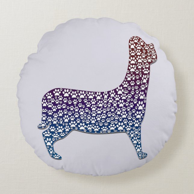 Embossed Indigo Gradient Paw Print Dog Outline Rund Kudde (Framsidan)