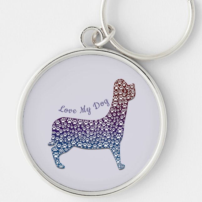 Embossed Indigo Gradient Paw Print Dog Outline Rund Silverfärgad Nyckelring (Framsidan)