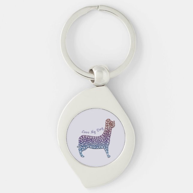 Embossed Indigo Gradient Paw Print Dog Outline Swirl Silverfärgad Nyckelring (Framsidan)