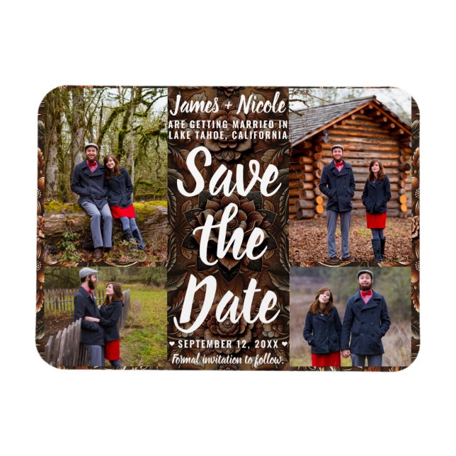 Embossed Leather 4 Photos Save Date Bröllop Magnet (Horisontell)